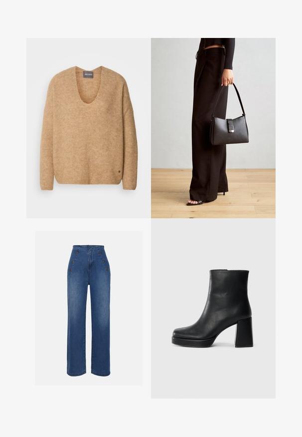 Maglione a maglia beige con ampio scollo a V e spalle cadenti. Ha una texture morbida e un piccolo logo sul lato sinistro in basso.; Jeans in denim a vita alta di un blu medio. Presentano dettagli con bottoni frontali e un design a gamba ampia. Il tessuto ha una texture liscia con un leggero sbiadimento.; Stivale alla caviglia in pelle nera con tacco a blocco e suola platform, visto di lato su uno sfondo bianco uniforme.; Borsa nera con forma strutturata, texture liscia e una chiusura metallica. Abbinata a pantaloni neri larghi e sandali open-toe su un pavimento in legno.