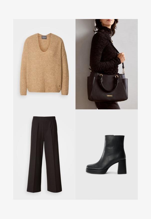 Beige strikkegenser med bred V-hals og drop shoulders. Den har en myk tekstur og en liten logo detalj nederst til venstre.; Sorte vidde bukser med flat front, folder og en glatt tekstur. Har høy midje og skreddersydd snitt for en strukturert passform.; Sorte skinnankelsko med blokkhæl og plattformsåle, sett fra siden på en enkel hvit bakgrunn.; Svart håndveske med teksturert overflate, doble topphåndtak og justerbar skulderrem. Har detaljer i gulltone og sidelommer.