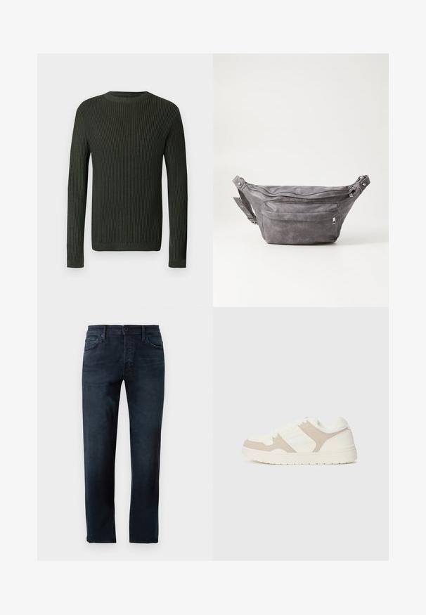 Ciemnozielony, prążkowany sweter z długim rękawem i okrągłym dekoltem, z lekko teksturowanym wzorem dzianiny na jasnym tle.; Ciemnoniebieskie dżinsy wykonane z denimu, z prostą nogawką, z przodem zapinanym na guzik i zamek błyskawiczny oraz pięcioma kieszeniami.; Białe i beżowe sneakersy z połączeniem gładkich i zamszowych faktur, okrągłym noskiem, sznurowanym zapięciem oraz płaską gumową podeszwą.; Szara zamszowa saszetka biodrowa o zaokrąglonym kształcie, z dwoma zasuwanymi komorami i regulowanym paskiem. Wyróżnia się metalowymi akcentami.