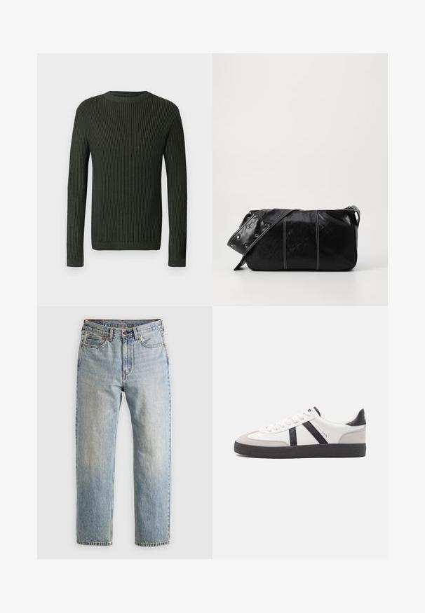 Tmavězelený žebrovaný svetr s dlouhým rukávem a kulatým výstřihem s mírně strukturovaným pleteným vzorem na světlém pozadí.; Svetle modré džíny z denimu s vysokým pasem, předním knoflíkem, zipem a designem s pěti kapsami, ležící rovně na neutrálním pozadí.; Bílé tenisky s černými a šedými akcenty, opatřené texturovaným šedým prstovým krytem, černou gumovou podrážkou a plochými bílými tkaničkami. Čistý design, minimalistický styl.; Černá kožená kabelka přes rameno se zapínáním na zip, s texturovaným tělem, bílým prošíváním a popruhem se stříbrnými očky.