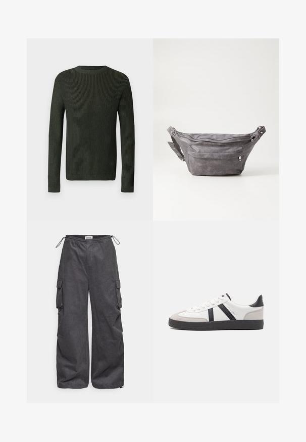Tumši zaļš ribots garu piedurkņu kreklis ar apaļo kaklu, ar nedaudz strukturētu adījuma rakstu uz gaiša fona.; Pelēki kravas bikses ar teksturētu audumu, elastīgu jostu, auklu un sānu kabatu detaļām. Brīvs piegriezums ar platām kājām.; Baltas sneakeris ar melniem un pelēkiem akcentiem, kuram ir teksturēts pelēks purngals, melna gumijas zole un plakanas baltas šņores. Tīrs dizains, minimālisma stils.; Pelēks zamšādas jostas somiņa ar noapaļotu formu, divām kabatām ar rāvējslēdzējiem un regulējamu siksnu. Iekļauj metāla aksesuārus.