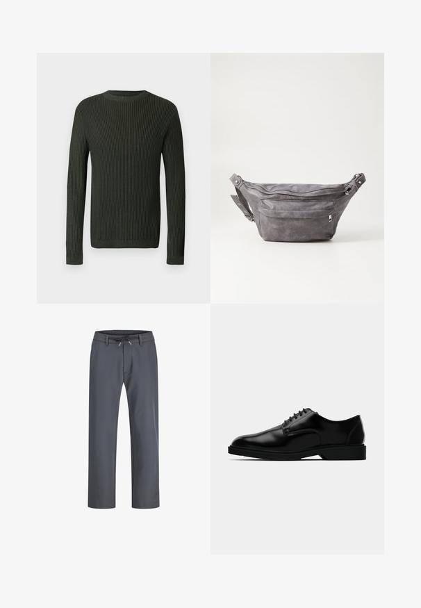 Dunkelgrüner, gerippter Langarm-Pullover mit Rundhalsausschnitt und einer leicht strukturierten Strickmuster auf einem hellen Hintergrund.; Grau, elastische Bundhose mit Kordelzug. Gerades Bein Design, aus glattem Stoff gefertigt, mit minimaler Naht und ohne sichtbare Hardware.; Schwarze Lederdressschuhe mit glatter Oberfläche, rundem Zehenbereich, schnürbarem Design und unauffälliger Gummisohle für besseren Halt.; Graue Wildleder-Gürteltasche mit runder Form, zwei mit Reißverschluss verschlossenen Fächern und verstellbarem Trageriemen. Mit metallischen Hardware-Akzenten.