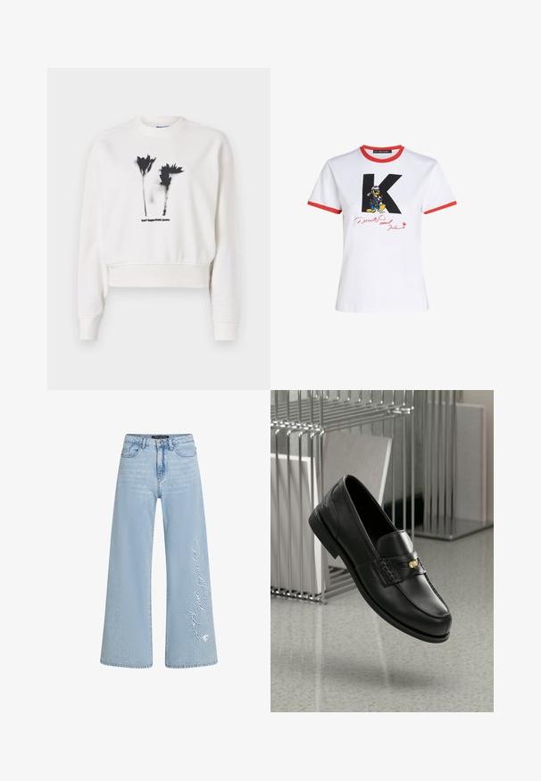 White cropped sweatshirt featuring black floral graphic print and "karl lagerfeld jeans" text. Soft material with ribbed cuffs and neckline.; White cotton t-shirt with red neckline and sleeve hems. Features a black 'K' and Donald Duck graphic with a signature in red.; Light blue wide-leg jeans in denim with stitched "Donald and Daisy" text on the left leg. Features classic five-pocket design and belt loops.; Black leather loafers with a smooth finish, featuring a decorative band and small gold accent. The sole is flat with a rounded toe.