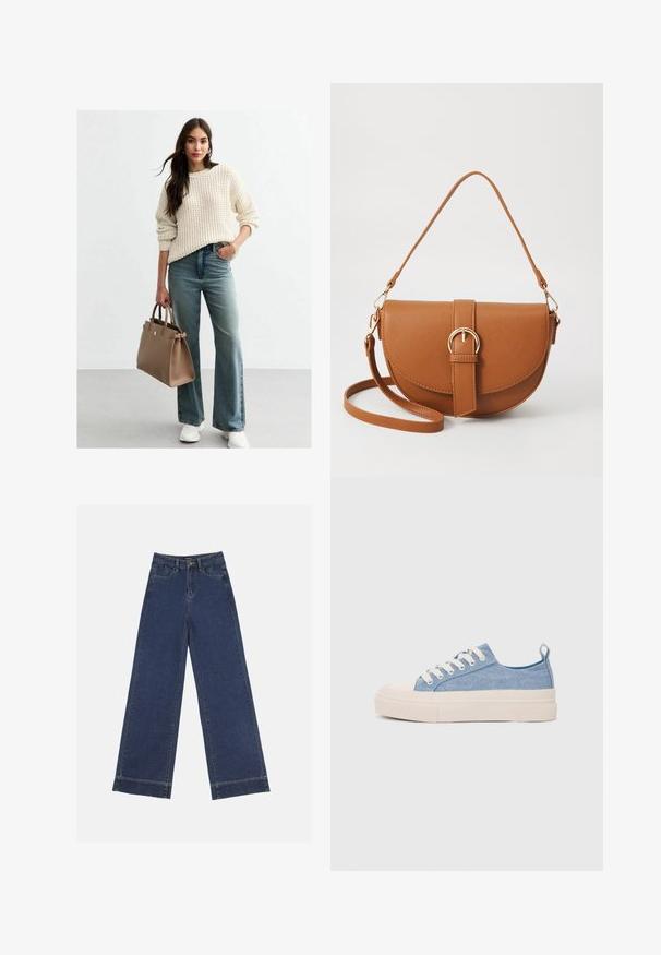 Crème-kleurige gebreide trui met een textuurpatroon, gecombineerd met lichtblauwe wijde jeans. Bruine leren handtas en witte sneakers.; Wide-leg jeans in donkerblauwe denim. Voorzien van vijf zakken, riemlussen en een rauwe zoom onderaan met zichtbare stikseldetails.; Lichtblauwe canvas sneakers met een crème rubberen neuskap en zool, voorzien van witte veters en een trekstrip op de hiel.; Bruine leren schoudertas met een gebogen vorm, gouden hardware en een gespaccent. Bevat een afneembare schouderriem.