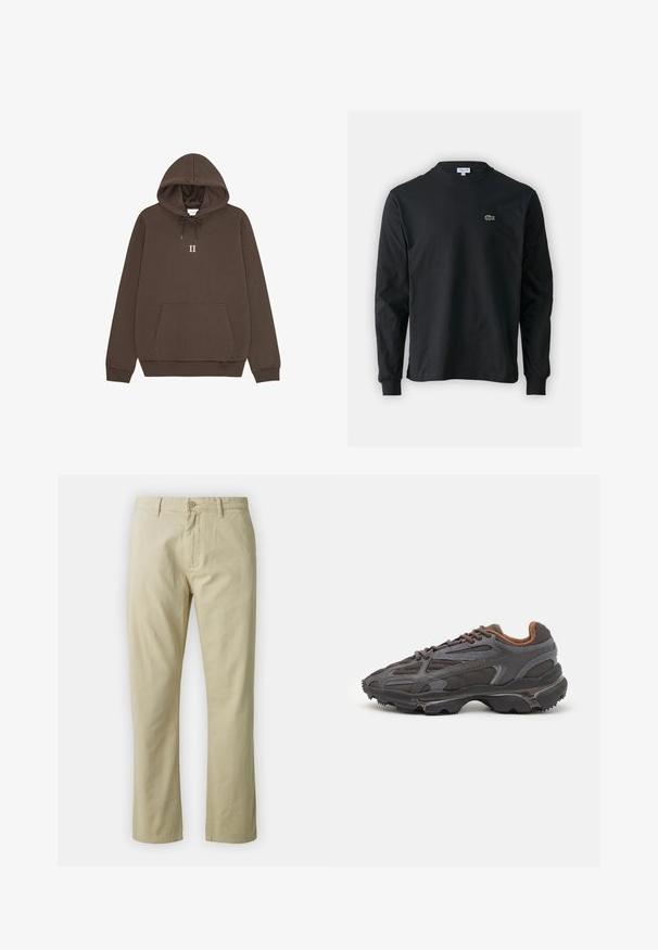 Brūns kapuci ar kangaru kabatu, aukliņu kapuci un centrētu "II" baltā tekstā. Kokvilnas materiāls ar gludu tekstūru.; Melna garām piedurknēm t-krekls, izgatavots no kokvilnas, ar apaļu kakla izgriezumu un mazu zaļu izšūtu krokodila logo kreisajā krūtī.; Beidzīgo kokvilnas bikses ar taisnu kāju piegriezumu, priekšējo pogu aizdari un jostas cilpām. Gluda tekstūra, nav redzamu rakstu vai akcentu.; Lacoste kedas tumši pelēkā krāsā ar acu audumu un sintētisko materiālu, ar teksturētu zoli un brūniem akcentiem apkaklītē un zīmola uzrakstā.