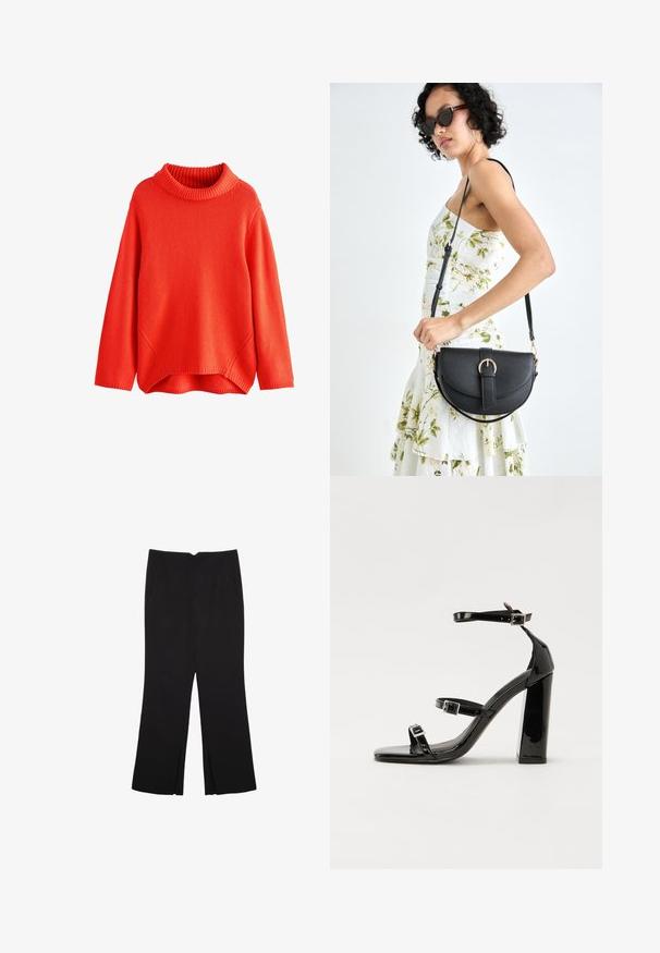 Rode gebreide trui met een hoge ribbelkraag, verlaagde schouders en een iets langere achterkant. Zachte textuur en een ontspannen pasvorm.; Zwarte broek met een rechte pasvorm, voorzien van zijzakken en plooien aan de onderzijde. Gemaakt van zachte, gladde stof. Geschikt voor verschillende gelegenheden.; Zwarte gepatenteerde sandalen met hak en een vierkante neus, enkelbandjes en zilveren gespen. Heeft een stevige blokhak voor stabiliteit.; Zwarte leren handtas met een gebogen vorm, afneembare schouderband en gouden hardware. De tas heeft een klep met een gespsluiting.