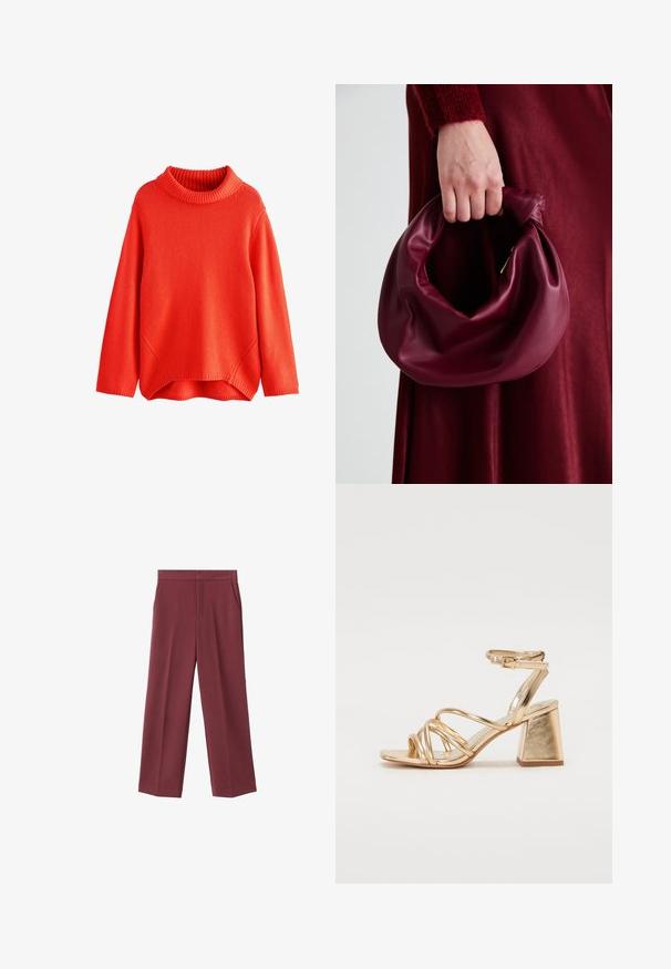 Suéter de punto rojo con un cuello acanalado alto, hombros caídos y un dobladillo trasero ligeramente más largo. Textura suave y corte relajado.; Pantalones de pierna ancha color burdeos con una textura suave, que cuentan con bolsillos laterales y un diseño de cintura alta. Con un pliegue frontal limpio.; Sandalias de tacón metálico dorado con un diseño de tiras, tacón cuadrado y correa ajustable en el tobillo con hebilla. Textura suave.; Bolso de cuero burdeos con un diseño suave y recogido y una forma redondeada. La asa está asegurada, mostrando una textura lisa.