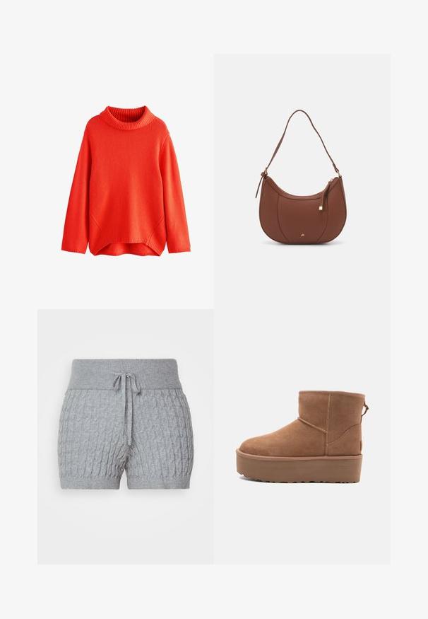 Rød strikket sweater med høj ribbede krave, faldende skuldre og en lidt længere baghæm. Glat tekstur og afslappet pasform.; Grå strikkede shorts med et tekstureret design, der har en ribbet linning og justerbar snor. Kort længde, blødt stof.; Tan ruskinds ankelstøvle med platformssål, rund tå og syninger; har en løkke bagpå for nem påtagning.; Brun faux læder skuldertaske med buet form, minimal syning og en guldtonet hardwaredetalje. Har en top lynlåslukning og justerbar rem.