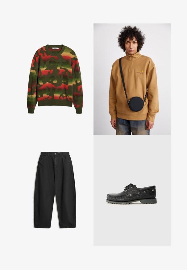 Grüner Strickpullover mit Camouflage-Muster, mit roten und gelben Akzenten. Klassischer Rundhalsausschnitt sowie gerippte Bündchen und Saum.; Schwarze weit geschnittene Baumwollhosen mit hoher Taille, seitlichen Taschen und dezenten Nähten. Glatte Textur ohne Muster.; Schwarze, strukturierte Schnürschuhe mit runder Zehenform, metallischen Ösen und einer robusten grauen Gummisohle. Verfügt über ein gewebtes Muster im oberen Bereich.; Braunes Fleece-Sweatshirt mit Viertelreißverschluss und gesticktem Logo, kombiniert mit einer schwarzen runden Umhängetasche mit Reißverschluss und Logodetails, getragen über einer Jeans.