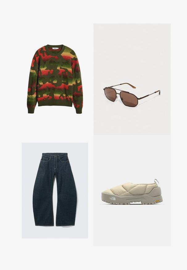 Grönstickad sweater med ett kamouflagemönster, utrustad med röda och gula detaljer. Klassisk rund hals och ribbade ärm- och midjeband.; Mörkblå jeans med vida ben i denim, med fem fickor, synliga sömmar, knappstängning och en ren finish.; Vadderad beige slip-on sko med grå Vibram-sula, rundad form och bakre ögla. Har logotyp på sidan och texturerad överdel.; Bruna oktagonala solglasögon med en tunn svart metallram, accentuerad av bruna skalmar. Mörkt tonade linser ger UV-skydd.