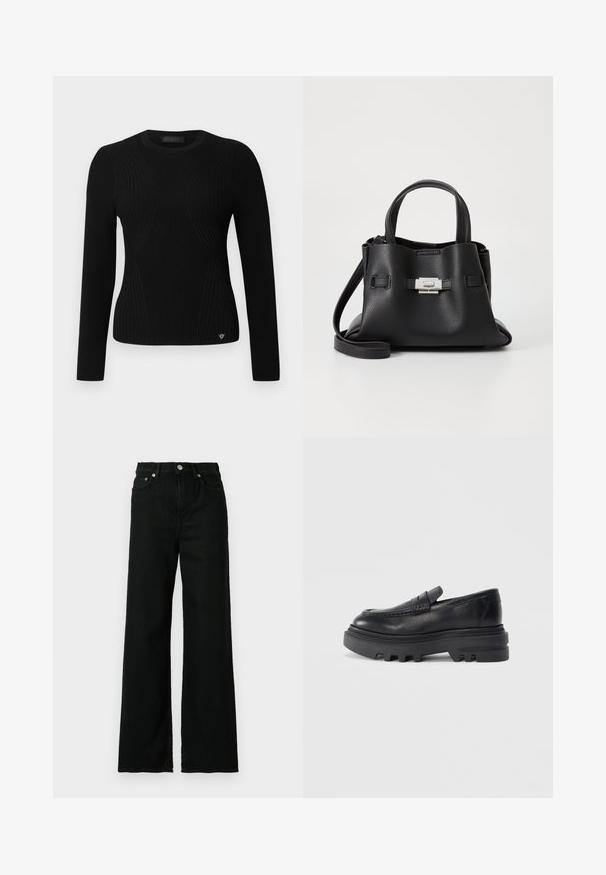 Svart ribbad långärmad tröja med en figurnära design, rund halsringning och subtila diagonala sömmar; logotypdetalj på nedre framsidan.; Svart denimjeans med hög midja, bred benupptäckning, med framknäppning och dragkedja samt klassisk femficksdesign.; Svart läderloafer med en kraftig svart sula och texturerad remdetailj. Slät finish och rundad form förbättrar dess moderna design.; Svart läderhandväska med en texturerad yta, utrustad med två ovandelar, en avtagbar axelrem och en detalj med silverlås.