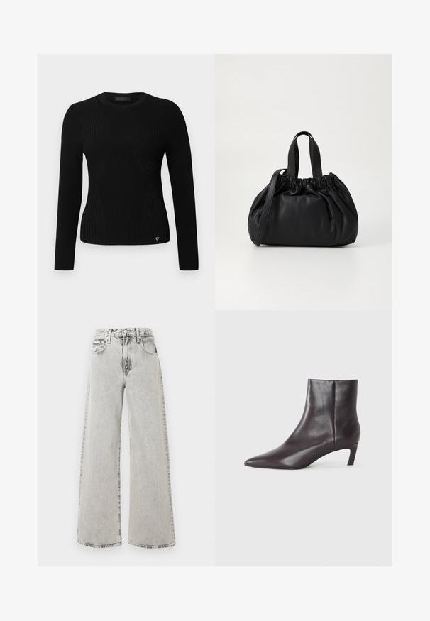 Juodas ilgarankovis megztinis su išliaudinimu, apvalia kaklo linija ir subtiliomis įstrižomis siūlėmis; logotipo detalė apatinėje priekyje.; Plačios kojų kelnės iš šviesiai pilkos džinso medžiagos, pasižyminčios išblukusia spalva, priekinėmis kišenėmis ir segėjimu mygtuku. Dizainas laisvas ir erdvus.; Juodas odinis kulkšninis batai su smailu nosimi ir žemu katės kulnu, lygus paviršius, šoninė užtrauktuko sistema, rodomas neutralioje fone.; Juoda odinė rankinė su susiraukšlėjusiu viršumi, su dviem trumpomis rankenėlėmis ir ilga reguliuojama juosta. Lygus paviršius, apvalios formos.
