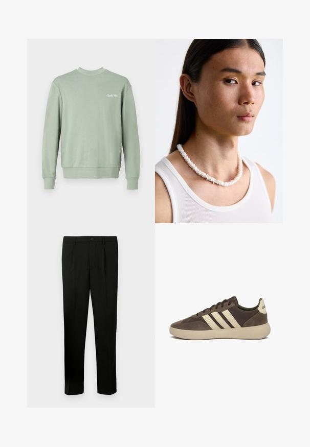 Hellgrüner Pullover aus weichem Stoff, mit Rundhalsausschnitt, langen Ärmeln, gerippten Bündchen und "Club1990"-Druck auf der Brust.; Schwarze maßgeschneiderte Hose mit flachem Vorderteil, zwei Falten, Knopfverschluss, Seiten Taschen und geradem Bein. Hergestellt aus glattem Stoff.; Brauner Wildledersneaker mit drei weißen Streifen, abgerundetem Zehenbereich, dicker Gummisohle und minimaler Markenkennzeichnung an der Ferse.; Weißes Muschelkette, die aus unregelmäßigen Formen besteht, getragen über einem enganliegenden weißen Tanktop. Glatte Textur mit subtiler Schattierung, körpernahe Passform.