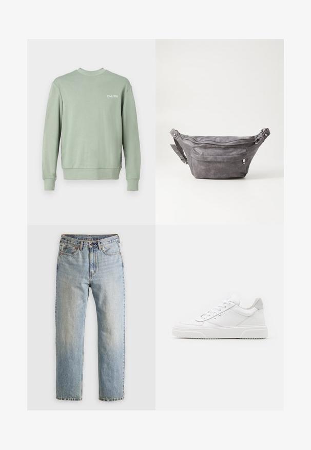 Svetlozelená mikina vyrobená z jemnej tkaniny, s okrúhlym výstrihom, dlhými rukávmi, rebrovanými manžetami a potlačou "Club1990" na hrudi.; Svetlomodré džínsy s vysokým pásom, predným gombíkom, zipsom a dizajnom s piatimi vreckami, rozložené na neutrálnom pozadí.; Biele kožené tenisky s hladkým povrchom, zaoblenou špičkou, plochými šnúrkami a textúrovanou podrážkou. Sivý semišový akcent na päte.; Sivá semišová ľadvinka s okrúhlym tvarom, dvoma zipsovými priehradkami a nastaviteľným popruhom. Obsahuje kovové prvky.