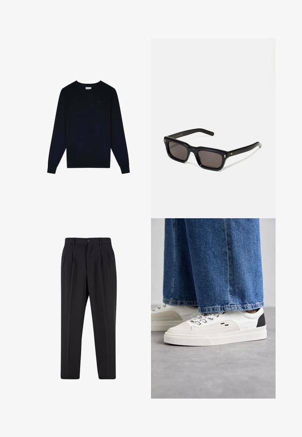 Scalpers CLASSIC ROUND NECK - Sweater - navy; Zwarte broek met een geplooid design aan de voorkant, gemaakt van soepel stof. Voorzien van een knoopsluiting en riemlussen; rechte pasvorm.; Witte en zwarte sneakers met een glad leren bovenwerk, textuuraccenten en een chunky witte zool. Heeft een klassiek vetersluiting ontwerp.; Zwarte rechthoekige zonnebril met donkere lenzen, een dik plastic montuur, gouden accenten op de veren en het merkembleem gegraveerd op de arm.