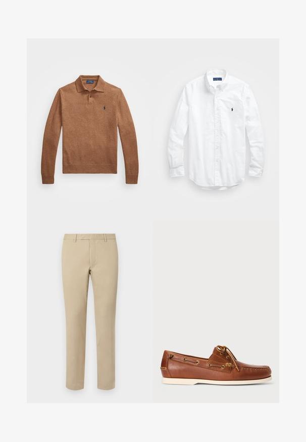 Sweater de polo castanho tricotado com colarinho, mangas longas e um pequeno logótipo bordado no peito. Tejido texturizado com bainha canelada.; Camisa de botões de manga longa branca em algodão. Apresenta um colarinho clássico, punhos com botão e um pequeno logótipo bordado em azul-marinho no peito.; Calças de algodão bege com corte reto, apresentando passantes para cinto, frente lisa e bainhas ajustadas. Textura suave e detalhes mínimos.; Sapatilha de barco em pele castanha com atacadores, ilhós dourados e sola em borracha clara. Projetada com um padrão de costura elevada na ponta.