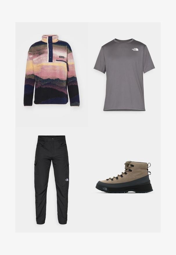 Columbia HELVETIA - Fleecegenser - collegiate navy; Grå kortermet treningst-skjorte laget av glatt, lett stoff. Har en hvit logo på venstre brystområde. Rund halsdesign.; The North Face HORIZON PANT - Friluftsbukser - black; Beige og svarte turstøvler med snøring, holdbart overmateriale og teksturert såle for bedre grep på ulike underlag.