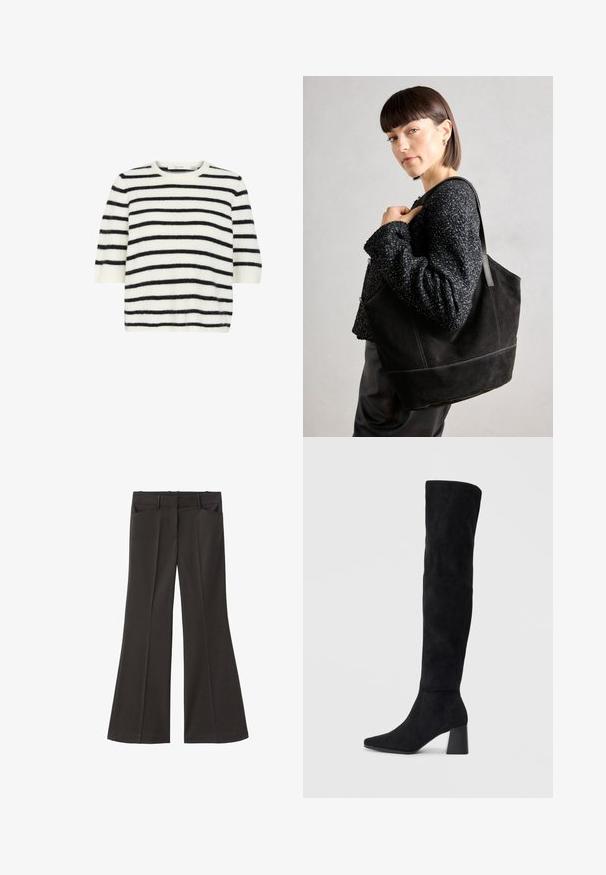 Pulover scurt cu mânecă, dintr-un material moale și pufos, având dungi orizontale alb-negru, decolteu rotund și croială lejeră.; Pantaloni evazați negri, cu talie înaltă; au două buzunare frontale și o textură de stofă netedă. Potriviți pentru diverse ocazii.; Cizme negre din suede, cu toc bloc, vârf ascuțit și un design neted, fără cusături, pe un fundal deschis.; Geantă tote din suede negru, cu o textură netedă, formă structurată și cusături contrastante. Dispune de bretele lungi pentru purtare pe umăr.