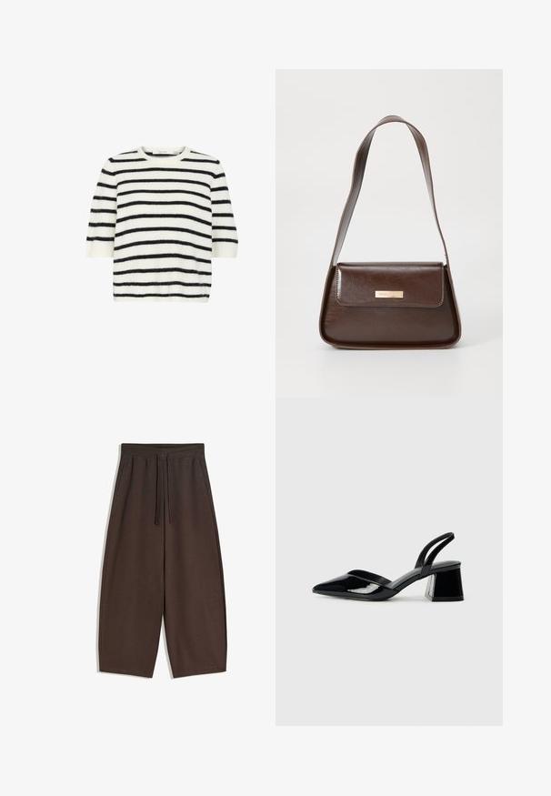 Pulover s kratkimi rokavi iz mehkega, puhastega materiala, ki ima vodoravne črne in bele črte, okroglo ovratnik in sproščen kroj.; Rjave široke hlače z mehko tkanino, z elastičnim pasom in vrvico za zategovanje, z gladko teksturo in čistim dizajnom.; Črne lakirane slingback pete s koničastim nosom in geometrijsko blokasto peto. Imajo eleganten, minimalističen dizajn in gladko teksturo.; Rjava usnjena torba za ramo z urejeno obliko, ki ima magnetno zapiranje na pokrovu in kovinski logotip na sprednji strani.