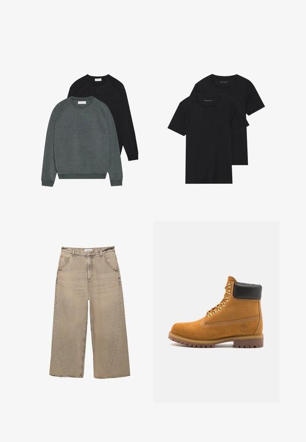 Two crewneck sweatshirts: one dark green and one black. Both have raglan sleeves, ribbed cuffs, and a soft, textured fabric.; Two black cotton t-shirts with short sleeves, round necklines, and a smooth texture, displayed stacked together.; PULL&BEAR MEGA BAGGY - Baggy Jeans - light grey; Tan suede ankle boot with black padded collar, gold metal eyelets, white stitching detailing, and rugged rubber sole with pronounced treads.