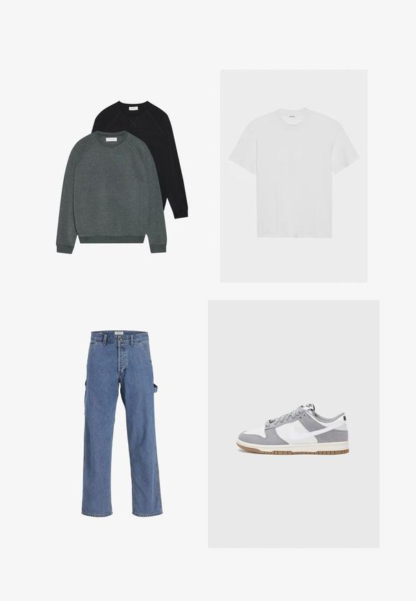 Due felpe con collo a girocollo: una verde scuro e una nera. Entrambe hanno maniche raglan, polsini a coste e un tessuto morbido e texture.; T-shirt bianco in cotone con maniche corte, colletto girocollo e vestibilità comoda. Texture liscia senza motivi o decorazioni visibili.; Pantaloni cargo in denim azzurro chiaro con vestibilità rilassata, caratterizzati da molteplici tasche, chiusura con bottone e orli sfilacciati. Tessuto testurizzato, stile informale.; Sneaker grigia e bianca con tomaia in suede e pelle, punta arrotondata, lacci piatti e soletta in gomma con un accento color caramello.