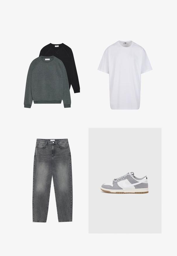 Zwei Crewneck-Sweatshirts: eines in Dunkelgrün und eines in Schwarz. Beide haben Raglanärmel, gerippte Bündchen und einen weichen, strukturierten Stoff.; Weiße Baumwoll-T-Shirt mit kurzen Ärmeln, rundem Ausschnitt, lockerer Passform und ohne sichtbare Logos oder Muster. Glatte Textur und minimalistisches Design.; Hoch taillierte, locker sitzende Jeans aus verwaschenem schwarzem Denim. Verfügt über fünf Taschen, Gürtelschlaufen und ein sauberes, gerades Bein-Design.; Graue und weiße Sneaker mit einem Obermaterial aus Wildleder und Leder, abgerundeter Spitze, flachen Schnürsenkeln und einer Gummisohle mit einem Kautschukakzent.