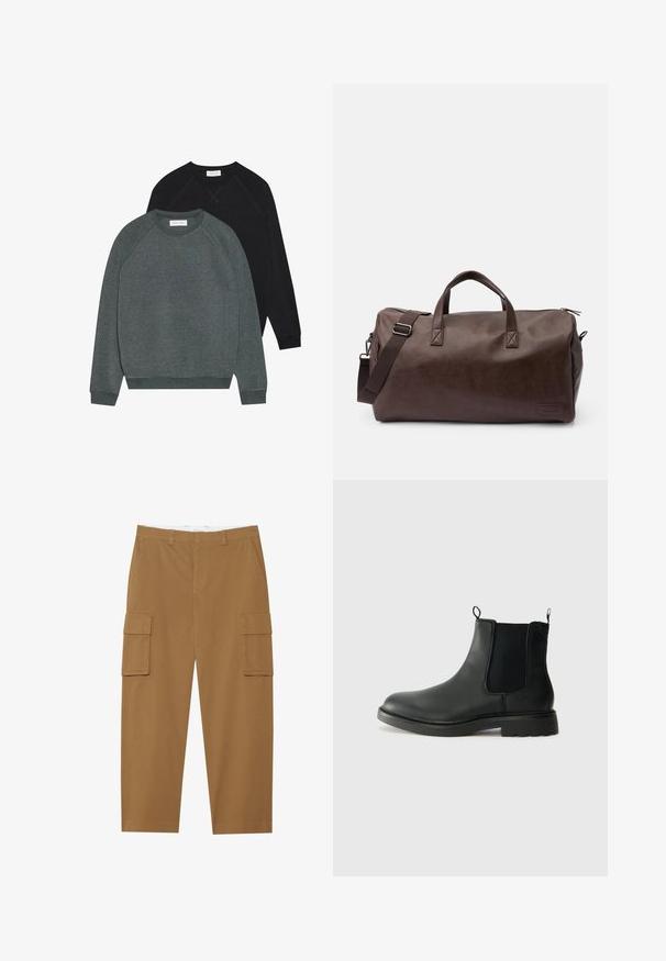Two crewneck sweatshirts: one dark green and one black. Both have raglan sleeves, ribbed cuffs, and a soft, textured fabric.; Brown cargo pants with two side pockets, a flat front, and a straight leg cut. Made from a durable fabric with a smooth texture.; Black leather chelsea boots with elastic side panels, pull tabs, rounded toe, and textured rubber sole. Smooth surface and sturdy design.; Brown synthetic leather duffel bag with dual handles and an adjustable shoulder strap. Features a zip closure and a rectangular base design.