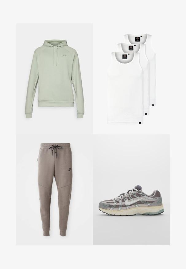 Felpa verde chiaro con tasca a marsupio, cappuccio con stringhe e polsini a costine. Presenta un piccolo logo nero di Nike sul petto.; Tre canotte bianche a coste in cotone. Presentano un colletto rotondo e piccole etichette nere vicino all'orlo. Disponibile in diverse taglie.; Pantaloni sportivi Nike grigi con cintura regolabile, gambe affusolate, tasche laterali e dettagli di cucitura distintivi. Tessuto morbido e texture.; Scarpa sportiva grigia con tomaia in mesh e suede, dettagli bianchi, suola ammortizzata e un design distintivo con elementi riflettenti.