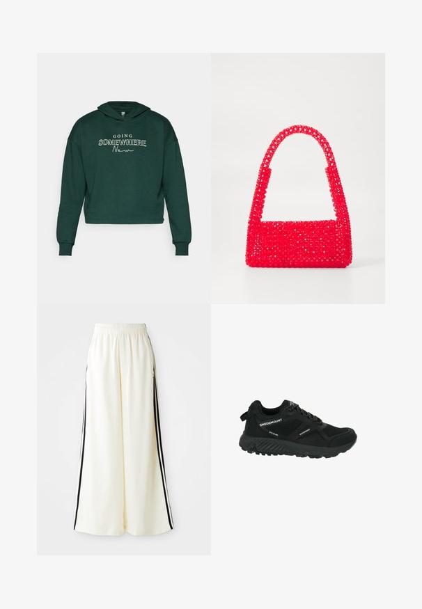 Vihreä lyhyt huppari pehmeästä kankaasta, jossa on valkoiset tekstit "MENEMÄSSÄ UUTEEN". Sisältää kiristysnauhan hupun ja ribbireunat.; Valkoiset leveälahkeiset housut, joissa on joustava vyötärönauha ja mustat pystysuorat raidat ulkopuolisilla saumoilla.; Mustat vedenpitävät vaelluskengät, joissa on verkkopaneelit, teksturoitu pohja, pyöreä varvas ja heijastavat nauhat. Varustettu logolla ja vetoläpällä kantapäällä.; Punakäsine, joka on valmistettu helmimuovista, ja jossa on neliön muotoinen pohja sekä kaareva kahva. Pintassa on teksturoitu, kiiltävä viimeistely ja helmikuosi.