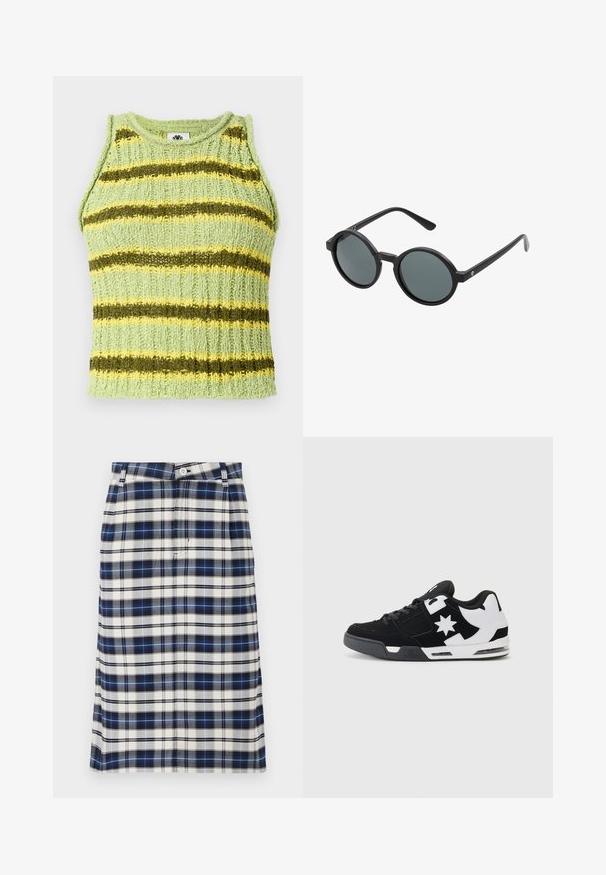 Heled roheline kudum-sinise värvi ilma varrukateta särk, horisontaalsed tumerohelised ja kollased triibud, ribakujuline tekstuur ja ümar kaelus.; Mereõngus seelik tumesinises, valges ja hallis. Omab sirget siluetti,nööbiklappi ning peent tekstuuri ruudustikuga.; Mustvalge toss, mis on valmistatud nubuk- ja võrgumaterjalist. Omab silmapaistvat tähelogo ja julgeid aktsente külgedel, samuti pehmet talda.; Ümmargused prillid musta plastraamiga ja tumedate hallide läätsedega. Omavad õhukesi, sirgeid piire minimalistlike aktsentidega.