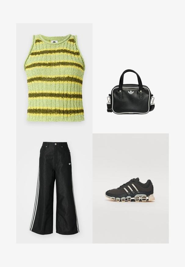 Top sin mangas de punto verde claro con rayas horizontales en verde oscuro y amarillo, textura acanalada y escote redondo.; Pantalones de denim anchos y negros con tres franjas blancas en cada lado y un pequeño logo blanco. Cuenta con bolsillos frontales y un cierre de botón.; Zapatilla deportiva negra con parte superior texturizada, tres rayas plateadas y una suela de amortiguación distintiva que presenta múltiples secciones integradas.; Bolso de mano de cuero negro con dos asas cortas, herrajes plateados, detalles en blanco y un logotipo blanco. Presenta una superficie texturada y un diseño compacto.