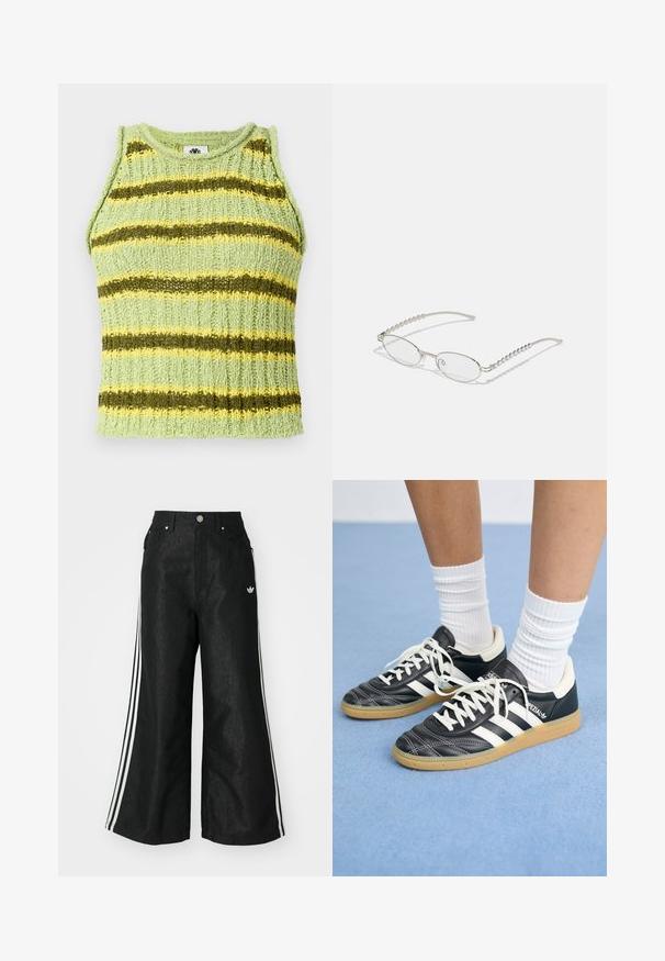 Svijetlozeleni pleteni bezrukavnik s horizontalnim tamnozelenim i žutim prugama, rebrastom teksturom i okruglim izrezom.; Crne široke traper hlače s tri bijele pruge sa svake strane i malim bijelim logom. Ima prednje džepove i preklop s gumbom.; Crne kožne atletike s bijelim trakama, okruglim prstima, bijelim vezicama i gumeni potplat. Naglašene jastučićem oko gležnja i detaljima s brandingom.; Ovalne naočale s metalnim srebrnim okvirom, prozirnim staklima i teksturiranim bisernim detaljima na krakovima. Lagani dizajn s zakrivljenim krakovima.