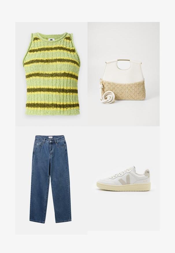 Light green knitted sleeveless top with horizontal dark green and yellow stripes, ribbed texture, and round neckline.; Classic blue denim jeans with a straight-leg design, five pockets, and a button closure. Features a medium wash and sturdy texture.; White leather sneaker with beige suede accents, perforated toe box, flat laces, and a textured cream sole. Features subtle branding on heel.; White leather handbag with a textured cream woven fabric bottom. Features a gold-tone handle and a coiled white strap for versatility.