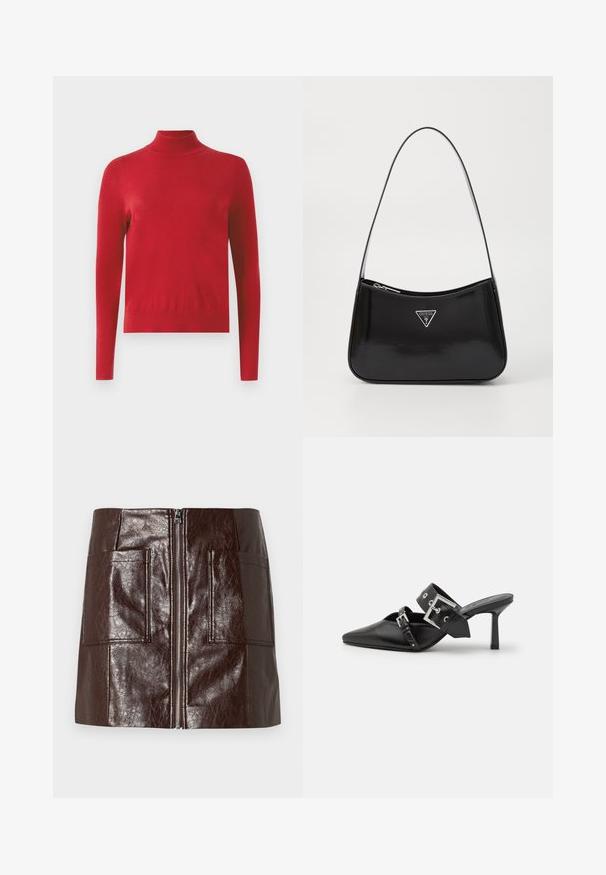 Roter Langarmrollkragenpullover mit figurbetontem Schnitt und gerippten Bündchen und Kragen vor einem weißen Hintergrund.; Brauner Kunstleder-Minirock mit einem Reißverschluss vorne, zwei großen Fronttaschen und einer glatten, glänzenden Textur.; Schwarze High-Heel-Mules mit spitzem Zeh aus glattem Leder. Mit einem breiten Knöchelriemen, der eine quadratische silberne Schnalle und Nieten aufweist.; Schwarze patentierte Leder-Schultertasche mit geschwungener Form, ausgestattet mit einem silbernen Dreieckslogo und einem Reißverschluss. Glatte Textur und schmaler Riemen.