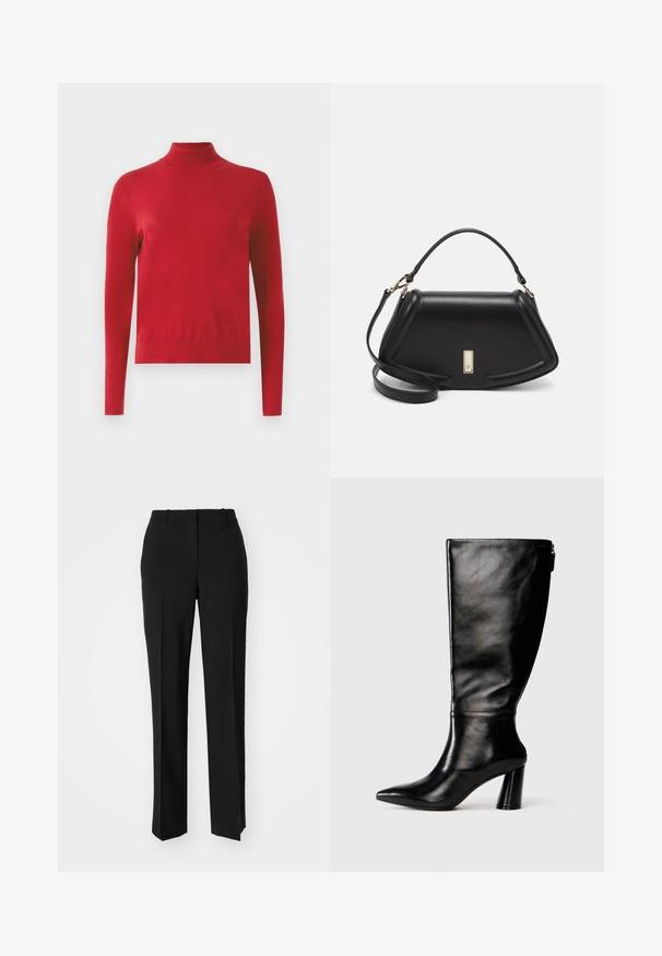 Punainen pitkähihaisen poolopaita, jossa on istuva malli ja ribbed-hihansuut sekä kaulus valkoista taustaa vasten.; Mustat räätälöidyt housut suoraa lahjetta, joissa on sileä pinta ja terävät taitteet edessä. Ei näkyvää metalliosaa.; Mustat nahkasaappaat, joissa on terävä kärki, sileä pinta ja paksu korko. Takana on vetoketjuyksityiskohta.; Mustalla nahkalaukulla, jossa on jämäkkä muotoilu, lyhyt malli, yläkahva ja kultaiset yksityiskohdat. Säädettävä olkahihna sisältyy.
