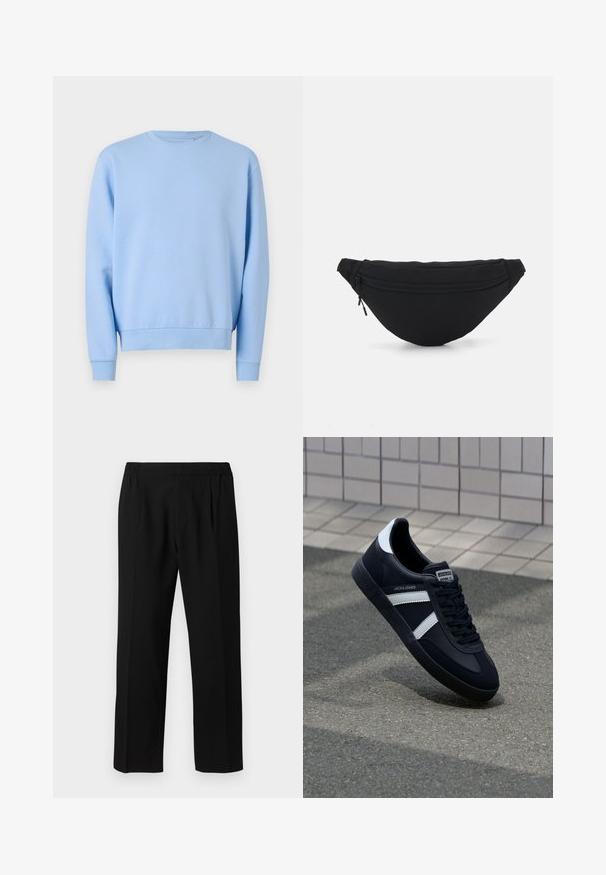 Lichtblauwe sweatshirt met een ronde halslijn, lange mouwen en ribgebreide boorden en zoom. Gemaakt van zachte, gladde stof. Geen patronen of accenten.; Bruin gebreid pullover met een polo kraag, drie knopen bij de hals en lange mouwen. Zachte textuur, geribde manchetten en zoom.; Zwarte broeken van een gladde stof, met een elastische tailleband, recht model en twee plooien aan de voorkant voor extra detail.; Zwarte leren sneaker met witte strepen, een gestructureerde rubberen zool en vetersluiting aan de voorkant. Voorzien van een merklabel op de tong.; Zwarte stof heuptas met een afgeronde vorm, voorzak met rits en een gladde textuur. Geen zichtbare patronen of accenten. Lichtgewicht ontwerp.