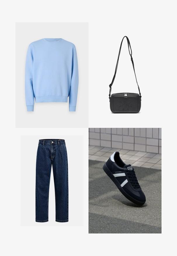 Šviesiai mėlynas megztinis su apvaliu iškirpimu, ilgomis rankovėmis ir įrėminta apačia bei rankovėmis. Pagamintas iš švelnios, lygios medžiagos. Be raštų ar akcentų.; Tamsiai mėlynos džinsinės kelnės su tiesiu sijonu. Savybė - matoma siūlė, mygtuko uždarymas ir priekinei daliai raukiniai, suteikiantys papildomą detales.; Juodas odinis sportinis batelis su baltais dryžiais, tekstūruota gumine padais ir raišteliais priekyje. Yra prekės ženklą žymintis etiketė ant liežuvio.; Juodas odinis per petį nešiojamas krepšys su užtrauktuku, iškilniu logotipu priekyje ir reguliuojama dirželiu. Lygus paviršius, stačiakampio formos.