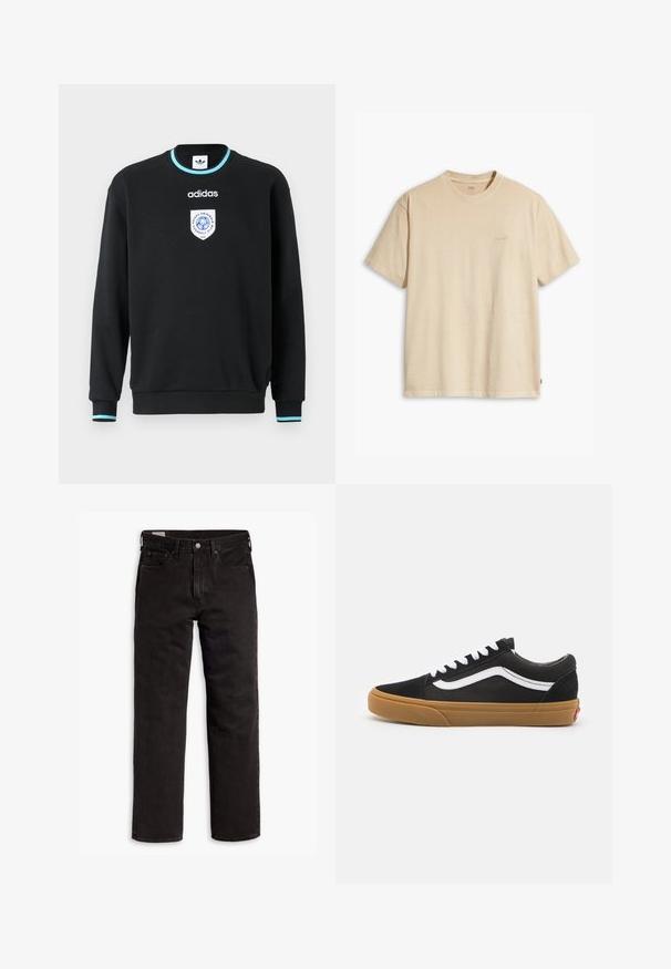 Črna športna majica z dolgimi rokavi, okroglim izrezom in modrimi detajli na manšettah. Ima vezeno logo na prsih. Narejena iz mehke tkanine.; Bež majica s kratkimi rokavi iz bombaža z okroglim izrezom. Na prsih ima subtilen logotip "Levi's" v isti barvi. Mehka tekstura.; Črne kavbojke ravnega kroja z žepi, gumbnim zapiranjem in zankami za pas, ležijo položene na belem ozadju.; Črne semiš superge z belim bočnim trakom, belimi vezalkami in gumijastim podplatom. Klasična nizka zasnova z teksturiranimi detajli in zaobljenim nosom.