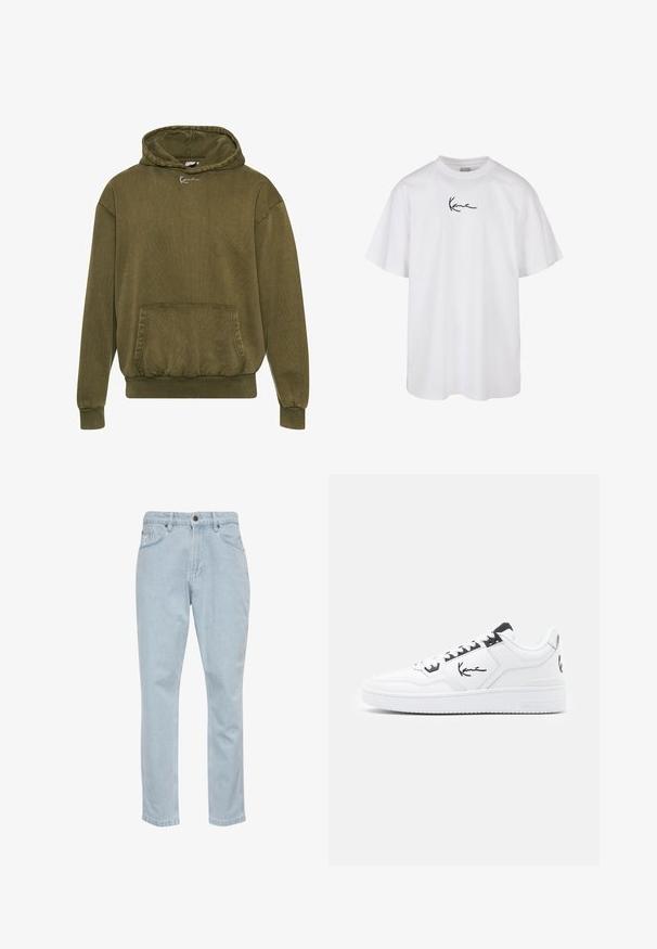 Olive zelena kapuca iz teksturiranega blaga, z vstopnim žepom, ribastimi manžetami in robom, z vrvico za zategovanje na kapuci in podrobnostmi logotipa.; Bela bombažna majica z okroglo izreznico in kratkimi rokavi, s črnim vezenim logotipom, ki je osredotočen na prsih.; Svijetloplavi traperice s ravnim nogavicama, pet džepova i metalnim dugmetom za zatvaranje. Glatka tekstura i blagi detalji izbljeđivanja.; Bele bele tene z usnjene z črnimi poudarki, z značilno logotipom na strani, okroglo konico in strukturirano gumijasto podplat.
