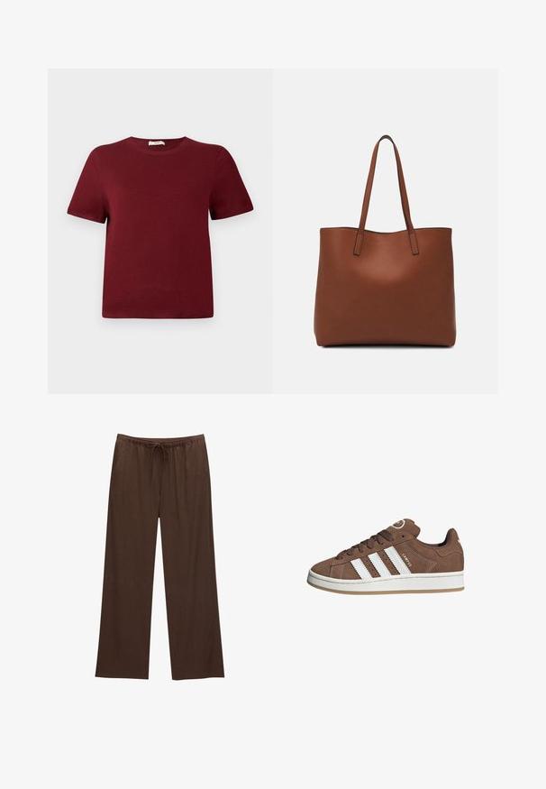Burgundy kortärmad tröja gjord av mjukt stickat material; rund halsringning, ribbad muddar och nederkant; enkel design utan synliga mönster eller detaljer.; Bruna vida byxor i mjukt tyg, med resårmidja och dragsko samt två sidofickor.; Bruna mockaskor med vita läderremsor, gummisula, rund tå och snörning framtill. Har en logotyp på tungan och perforerade detaljer.; Brun läder tote-väska med en slät textur, öppen toppdesign och två axelremmar. Har minimal söm och ingen synlig metalldetalj.