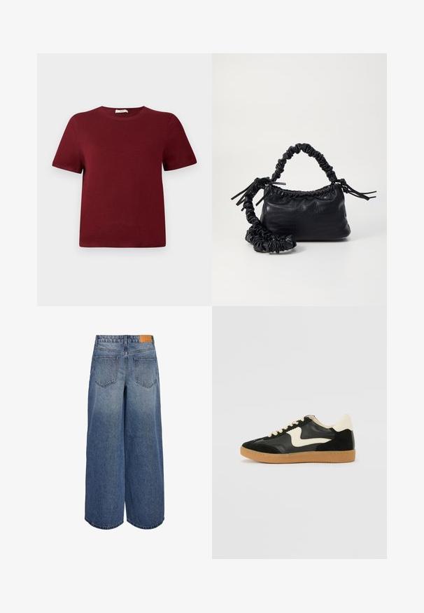 Burgundska kratka majica s kratkimi rokavi, izdelana iz mehke pletenine; okrogla izrezana vrhnja obleka, rebrasti manšeti in rob; preprost dizajn brez vidnih vzorcev ali poudarkov.; Široke denimske culote srednje modre pranja z blagim izginjanjem, ki imajo dve zadnji žep in rjav usnjen logotip na pasu.; Črne semiš in usnjene superge s kremasto stransko puščico in svetlo kremasto peto. Imajo bež čipke in gumijast podplat.; Črna torbica iz umetnega usnja s krokodilovo teksturo, z zvitim vrhom in zmečkano naramico. Zdi se mehka in kompaktna v oblikovanju.