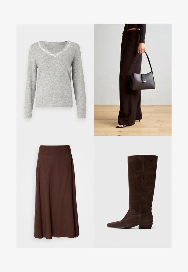 Szürke, hosszú ujjú pulóver, V-nyakkivágással, díszes gyöngyös paszpóllal a nyakrészen és puha, textúrált felülettel.; Barna maxi szoknya sima textúrával, széles rugalmas derékkal és lebegő kialakítással, alkalmas hétköznapi vagy félformális viseletre.; Sötétbarna velúr térdig érő csizma alacsony tömbsarkúval és hegyes orral, oldalnézetből, fehér háttéren.; Fekete kézi táska strukturált formával, sima textúrával és fémből készült záródással. Széles fekete nadrággal és nyitott orrú szandállal párosítva, fából készült padlón.