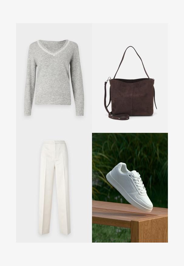 Grauer Pullover mit langen Ärmeln und V-Ausschnitt, der eine dekorative Perlenborte entlang des Ausschnitts und eine weiche, strukturierte Oberfläche aufweist.; Cremfarbene Hosen mit figurbetonter Passform, gerader Beine, glattem Stoff, vorderen Falten und sauberem Saum. Minimalistisches Design.; Weiße Sneaker mit einem glatten, synthetischen Obermaterial, perforierter Zehenbox, flachen Schnürsenkeln und einer strukturierten Sohle, präsentiert auf einer Holzoberfläche.; Braune Wildleder-Tasche mit weicher Textur, ausgestattet mit einem einzelnen Schulterriemen und einer dezenten, gewölbten Öffnung an der Oberseite. Keine sichtbaren Beschläge.