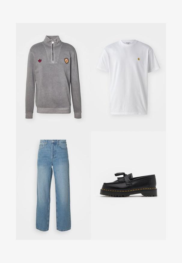 Grå tröja med hög krage, halvdragkedja, två broderade logotyper på bröstet och ribbade mudd och fåll. Mjuk textur.; Vit bomullströja med korta ärmar, rund halsringning, med en liten guldlogotyp på vänster bröstområde. Mjuk textur och vanlig passform.; Höga ljusblå denimjeans med raka ben, knappstängning fram och femficksdesign på enfärgad bakgrund.; Svart läderloafer med en tofsdetalj, med en kraftig svart sula och gul söm längs kanten. Strukturerad yta.