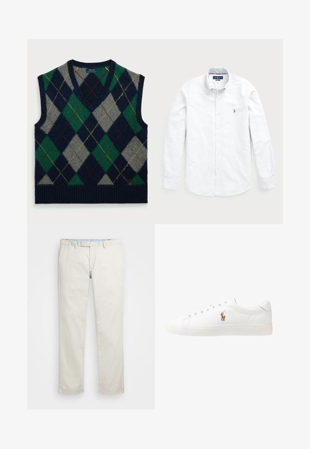 Bezrękawnik w romby w kolorze szarym, zielonym, granatowym i czarnym, z dekoltem w serek, prążkowanym dołem i kontrastującymi wzorami w romby z złotą nitką.; Biała koszula z długim rękawem, zapinana na guziki, wykonana z bawełny. Posiada kołnierz typu spread, zapięcie na guziki oraz małe haftowane logo na piersi.; Beżowe bawełniane chinosy z płaskim przodem, szlufkami na pasek i bocznymi kieszeniami. Prosty krój z gładką fakturą i lekkim, przewiewnym uczuciem.; Białe skórzane sneakersy, niskoprofilowy design, charakteryzujące się gładką fakturą, okrągłym noskiem, sznurowanym przodem i małym haftowanym logo z boku.