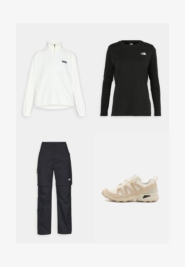Valge fliispullover, millel on poolsahtli krae, elastsed mansetid ja Patagonia logo paigatus. Pehme tekstuur ja lõdva siluett.; Must mustahiheline T-särk, millel on pikad varrukad, valmistatud puuvillast ja ümarast kaelusest. Vasakul rinnal on väike valge logo. Lihtne disain ja sobivus.; Mustad nailonist valmistatud eemaldatavad cargo-püksid, reguleeritavate pahkluudega, mitmete taskutega ja paremal jalal logoga. Sile, kerge tekstuur.; Beež ja koobalti spordijalats tekstureeritud võrkkattega, toetavad ülemised kihid ja kummist tallaga, millel on mustriga joonistus haardeks.