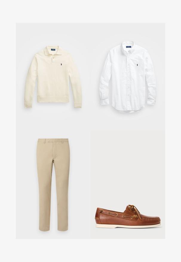 Krém színű, hosszú ujjú pólós pulóver, gallérral, három gombbal, bordás mandzsettákkal és aljjal, mellső részén egy kis sötétkék logóval.; Fehér, hosszú ujjú, gombos férfiing pamutból. Klasszikus gallérral, gombos mandzsettával és egy kis sötétkék hímzett logóval a mellrészen.; Beige vászon nadrág egyenes szabással, övhurkokkal, lapos elülső résszel és kifinomult szegésekkel. Simább textúra és minimális részletezés.; Barna bőr csónakcipő, fűzéssel, arany szemekkel és krémszínű gumitalppal. Emelt varrásmintázattal a lábujjnál.