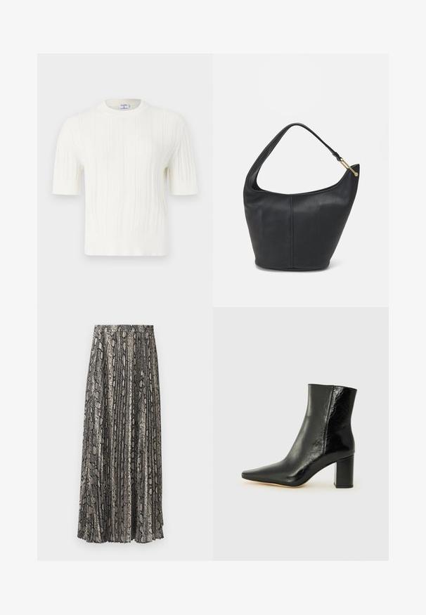Hvitt strikket kortermet genser med vertikal ribbestrikk og rund halslinning. Laget av mykt stoff med en teksturert overflate.; Plissé midi-skjørt i slangeskinn mønster, med nyanser av grått, svart og beige. Laget av lett stoff med elastisk liv.; Svart ankelstøvel laget av blankt lær med spiss tå og en robust, firkantet hæl. Har en glatt tekstur og en minimalistisk design.; Svart lærveske med en rund form, bred stropp og strukturert overflate. Har en subtil sømdetalj og gullfarget beslag.