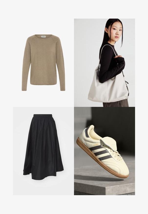 Kerge pruun pikka varrukaga kampsun, mis on tehtud pehmest kangast, ümmarguse kaelusega ja ribakudumise tekstuuriga. Lihtne, ilma kaunistusteta disain.; Must have mustern, sääre pikkune seelik, mis on valmistatud kerge kangast, millel on elastne vöökoht ja laienev disain, et võimaldada liikumisvabadust.; Kreem värvi nahast tennisetossid, millel on kolm tumedat triipu, pruun kummi tald ja ümardatud varvas. Omab volditavat keelt, millel on sildil "SAMBA."; Bež käekott pehme materjali, millel on lõtv disain, õmblustega detailid ja kaks õlarihma. Sobib igapäevaseks kasutamiseks.