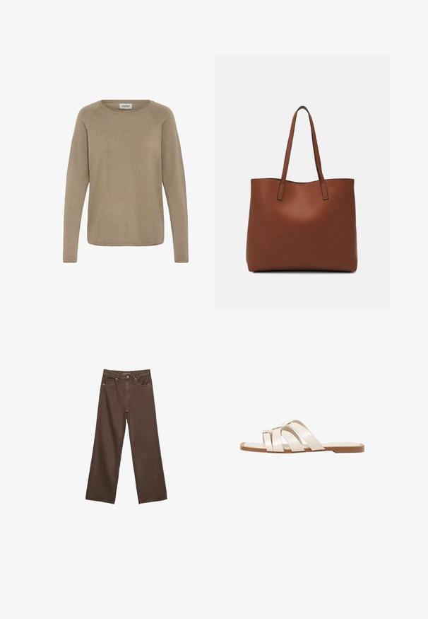 Hellbrauner Langarmpullover aus weichem Stoff, mit rundem Ausschnitt und geripptem Muster. Einfaches, unaufgeregtes Design.; Weite braune Jeans aus Denim, mit hoher Taille, Fronttaschen und klassischem Knopfverschluss. Glatte Textur mit feinen Nähten.; Flache Sandalen mit einer honigfarbenen Gummisohle, gestaltet mit drei überlappenden weißen Lederriemen und einem kleinen Schleifendetail in der Mitte.; Braune Leder-Tote mit glatter Textur, offenem Oberteil und zwei Schulterriemen. Verfügt über minimale Nähte und keine sichtbaren Beschläge.